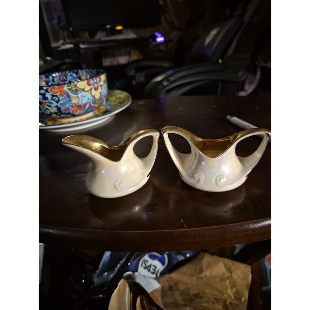 Vtg Pearl China Iridescent 22kt Gold Cream & Sugar Set Lusterware Farmhouse Chic